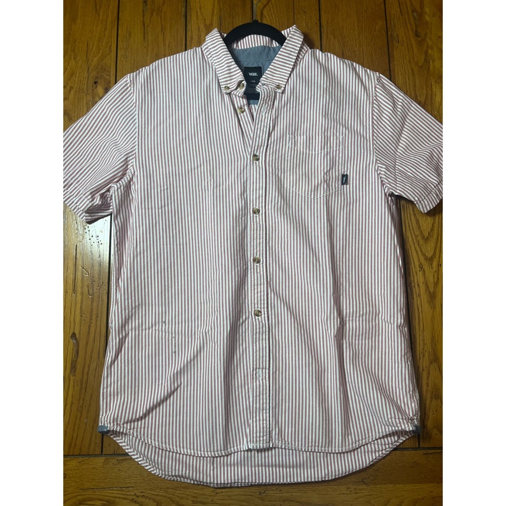 Vans Mens Classic Fit Short Sleeve Button Down Shirt Red White Striped Large